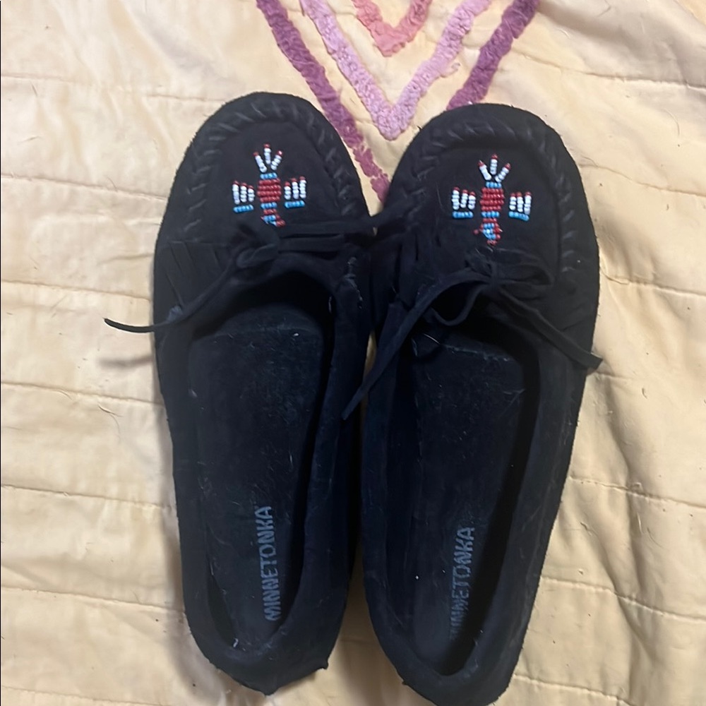 Minnetonka Black Moccasins with Beaded Design
